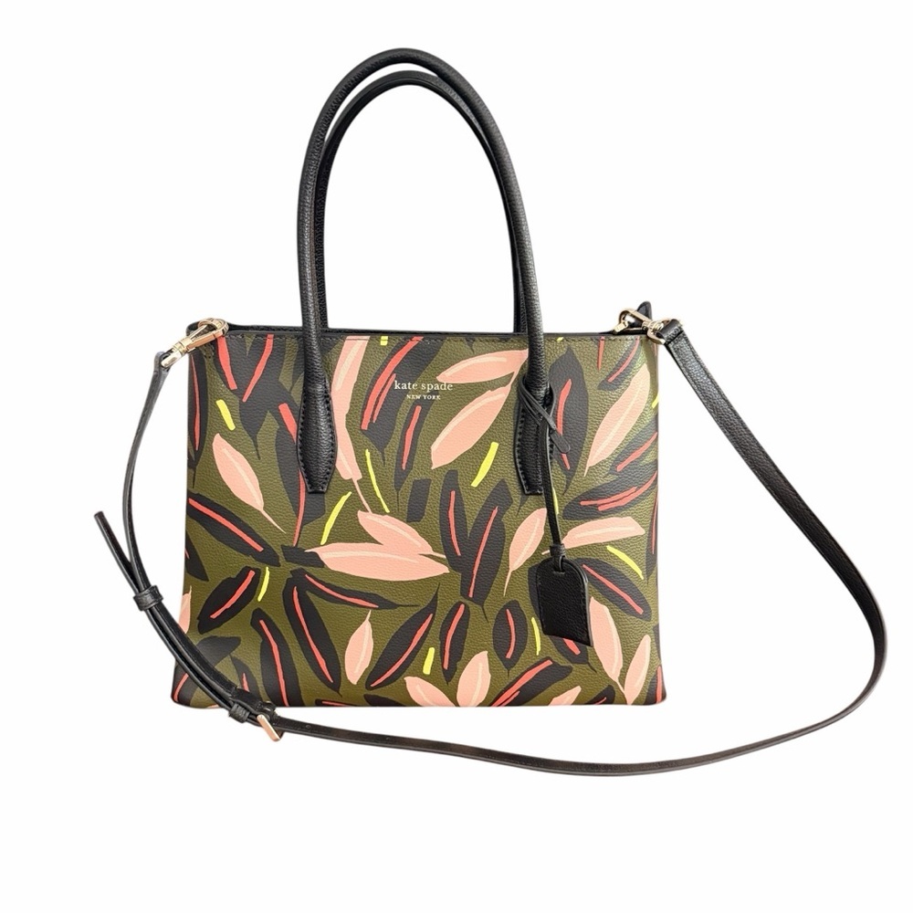 Kate Spade Tropical Boho Structured Tote Olive Floral Print Designer Satchel Bag